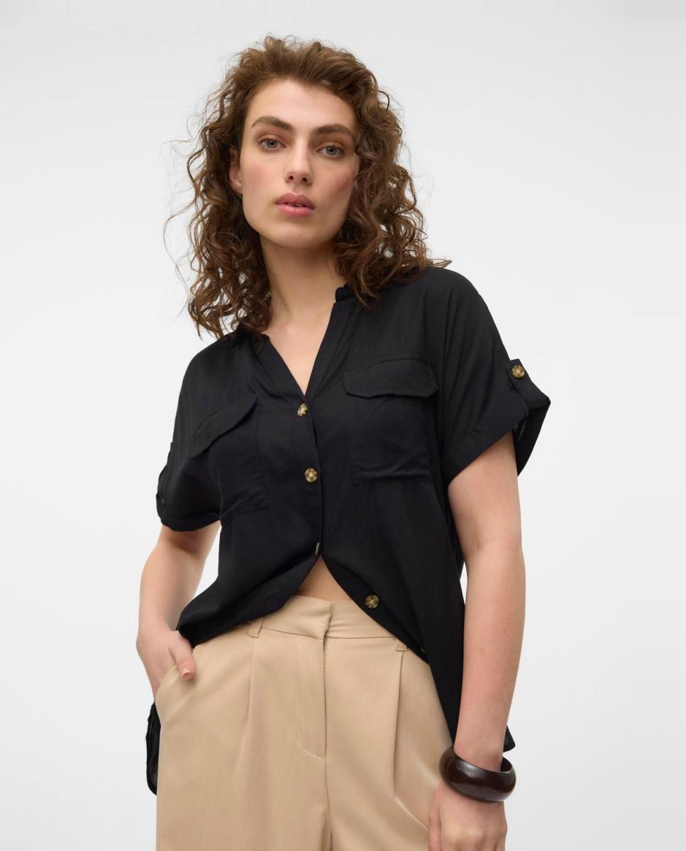 Camisa manga corta de mujer con cuello pico - Vero Moda - Negro Negro-4