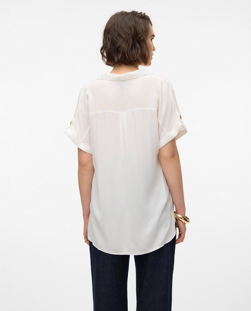 Camisa de Manga Curta com Decote em Bico Branco-2
