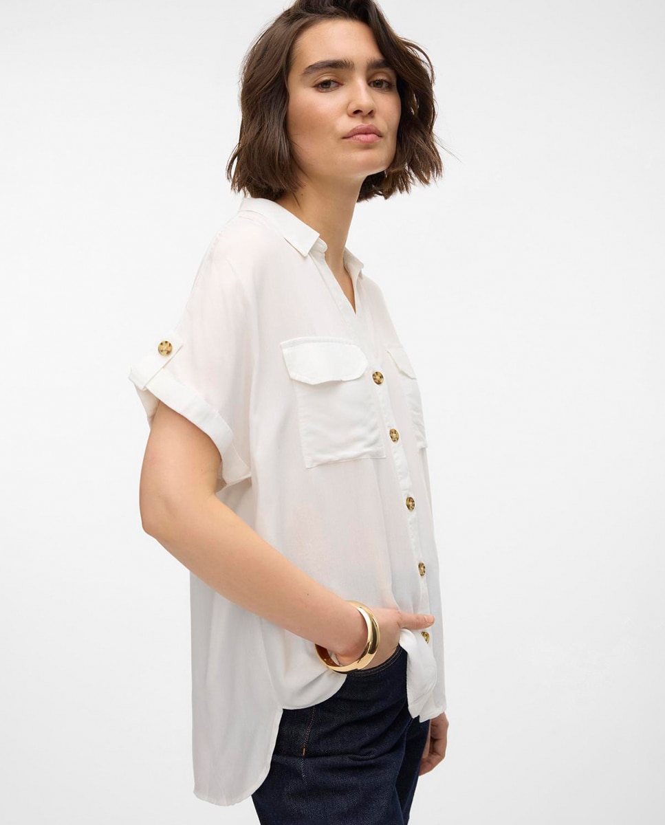 Camisa de Manga Curta com Decote em Bico Branco-3