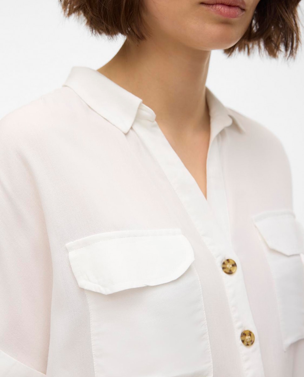Camisa de Manga Curta com Decote em Bico Branco-4