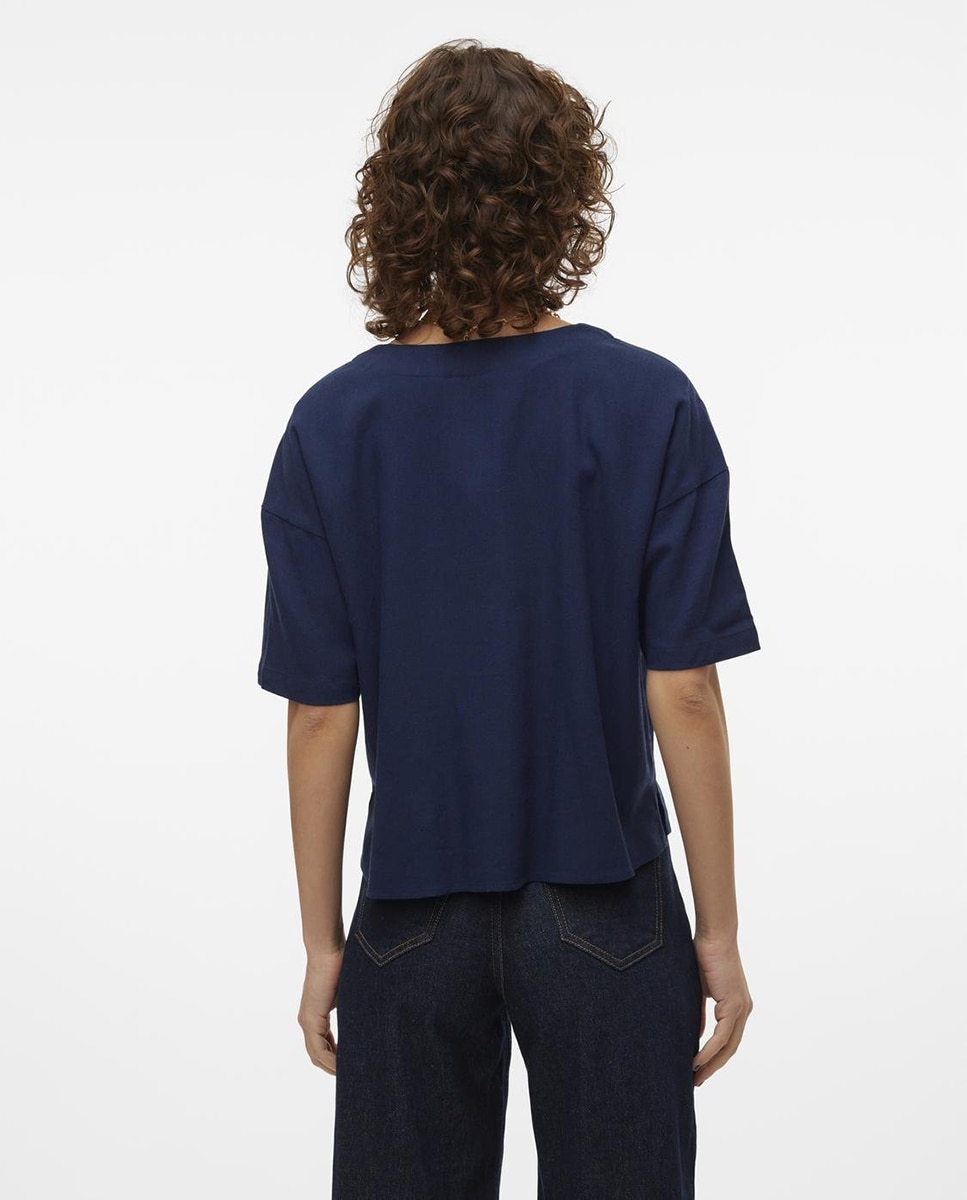Camisa de Corte Folgado com Decote em Bico Azul-marinho-2