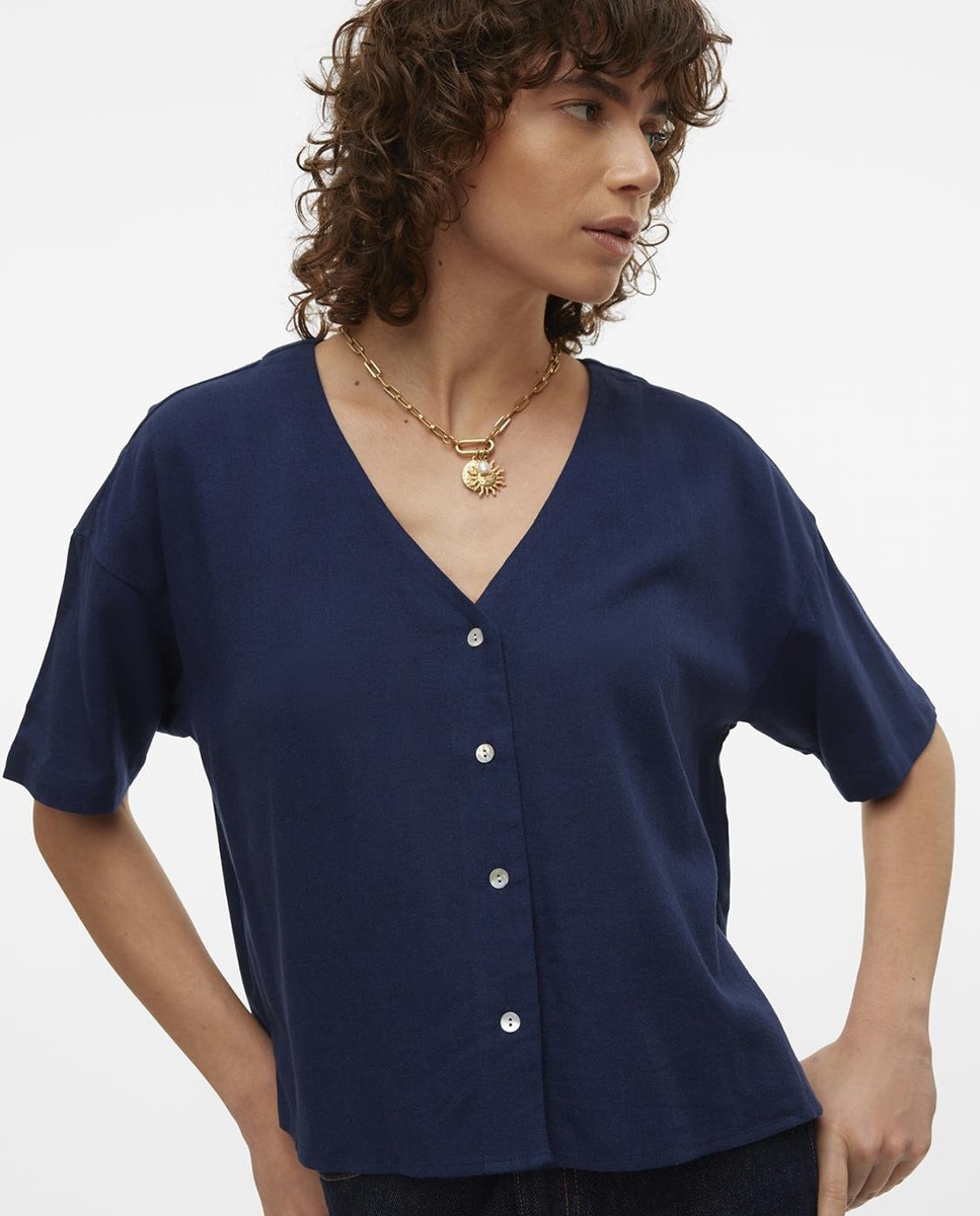 Camisa de Corte Folgado com Decote em Bico Azul-marinho-3