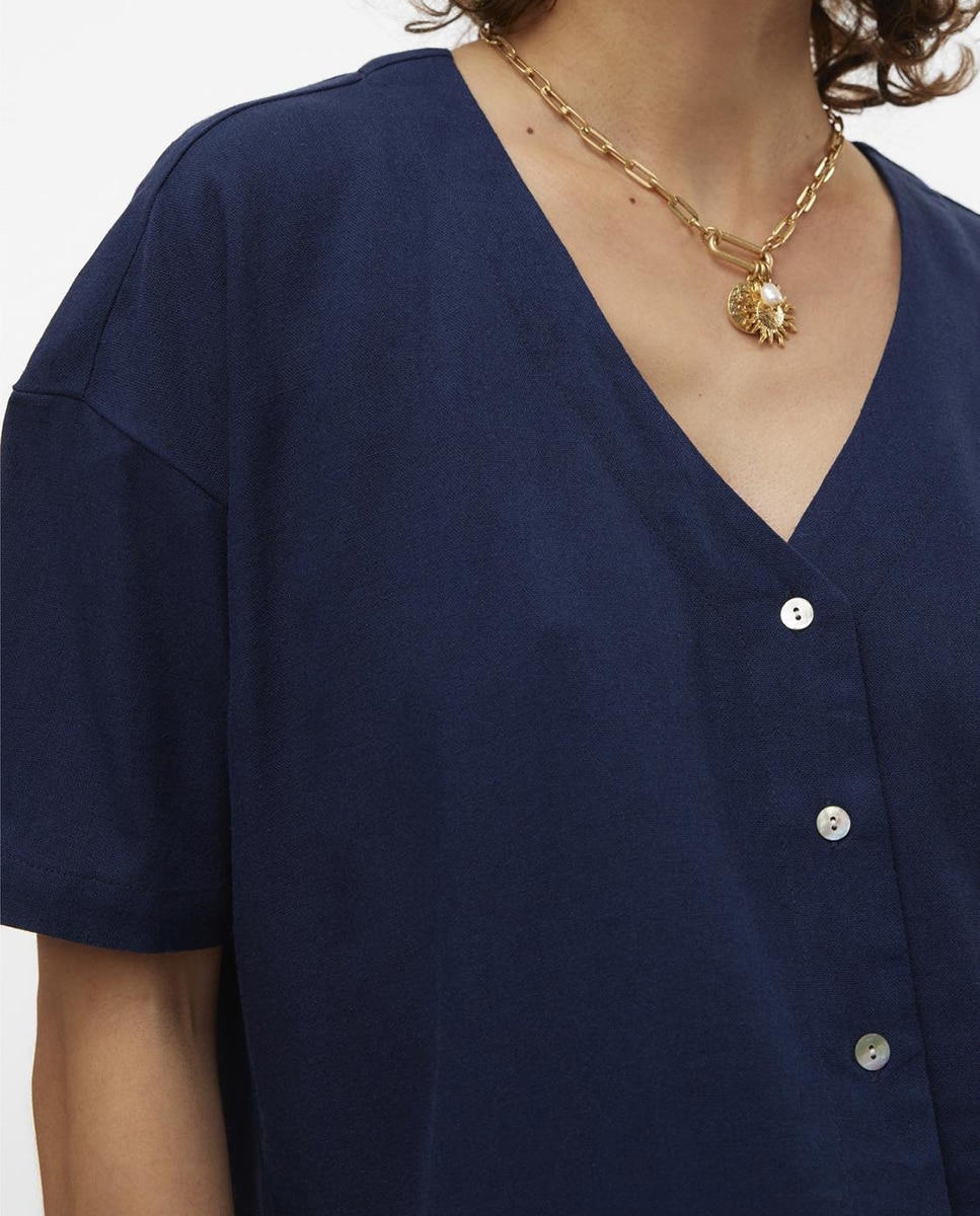 Camisa de Corte Folgado com Decote em Bico Azul-marinho-4