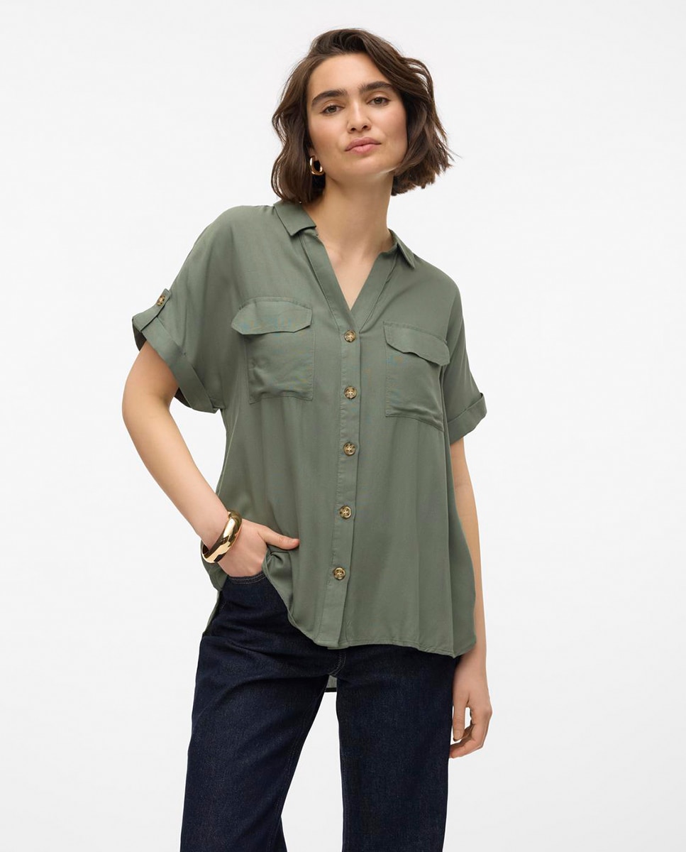 Camisa manga corta de mujer con cuello pico - Vero Moda - Verde pardo Verde pardo-1