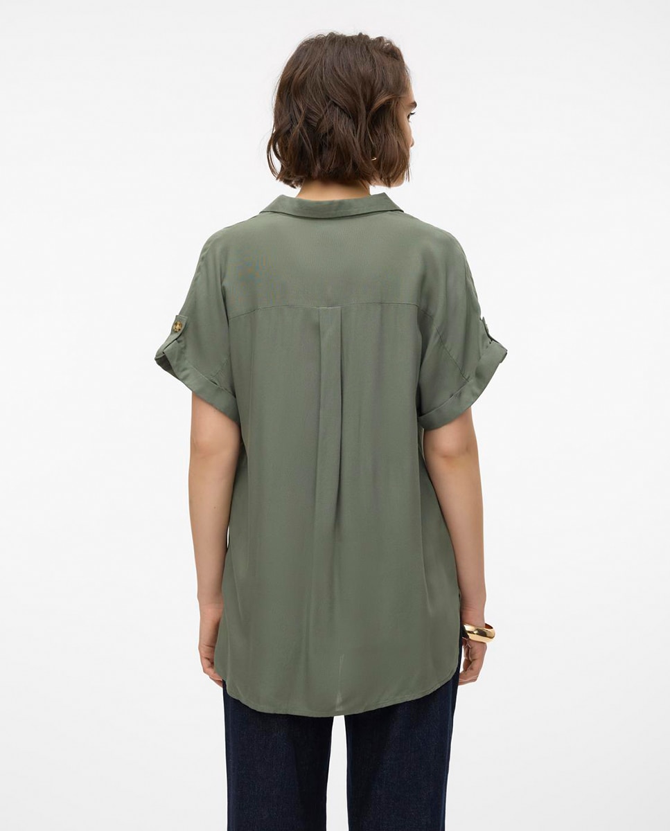 Camisa manga corta de mujer con cuello pico - Vero Moda - Verde pardo Verde pardo-2