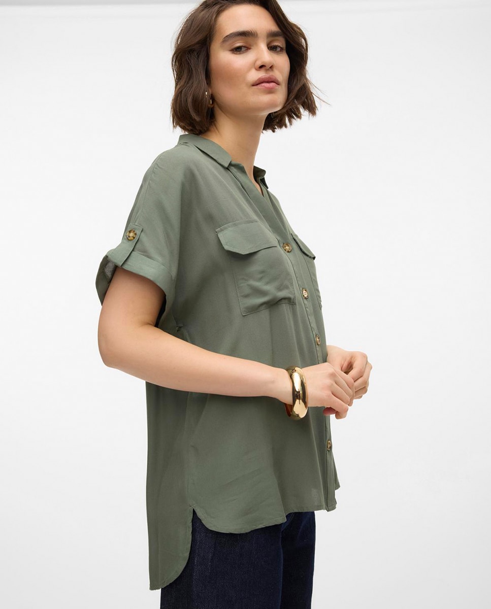 Camisa manga corta de mujer con cuello pico - Vero Moda - Verde pardo Verde pardo-3