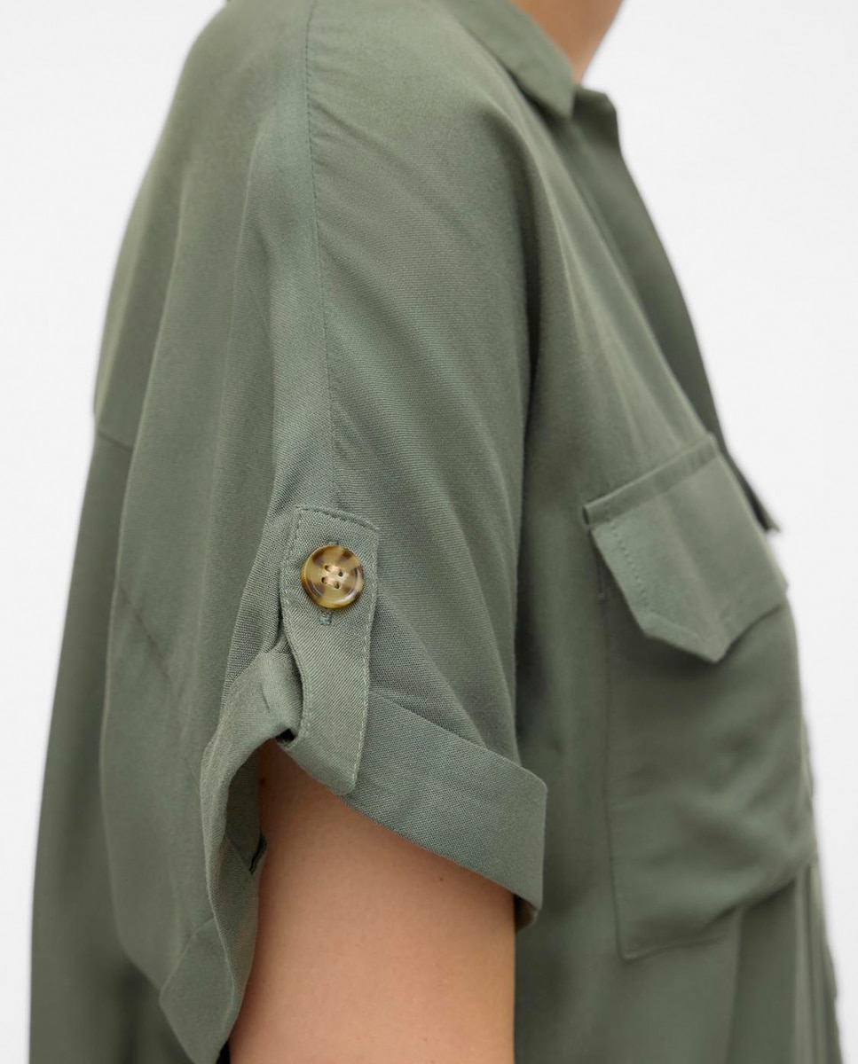 Camisa manga corta de mujer con cuello pico - Vero Moda - Verde pardo Verde pardo-4