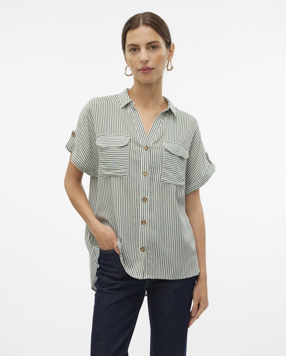Camisa manga corta de mujer con cuello pico - Vero Moda - Verde Verde-1