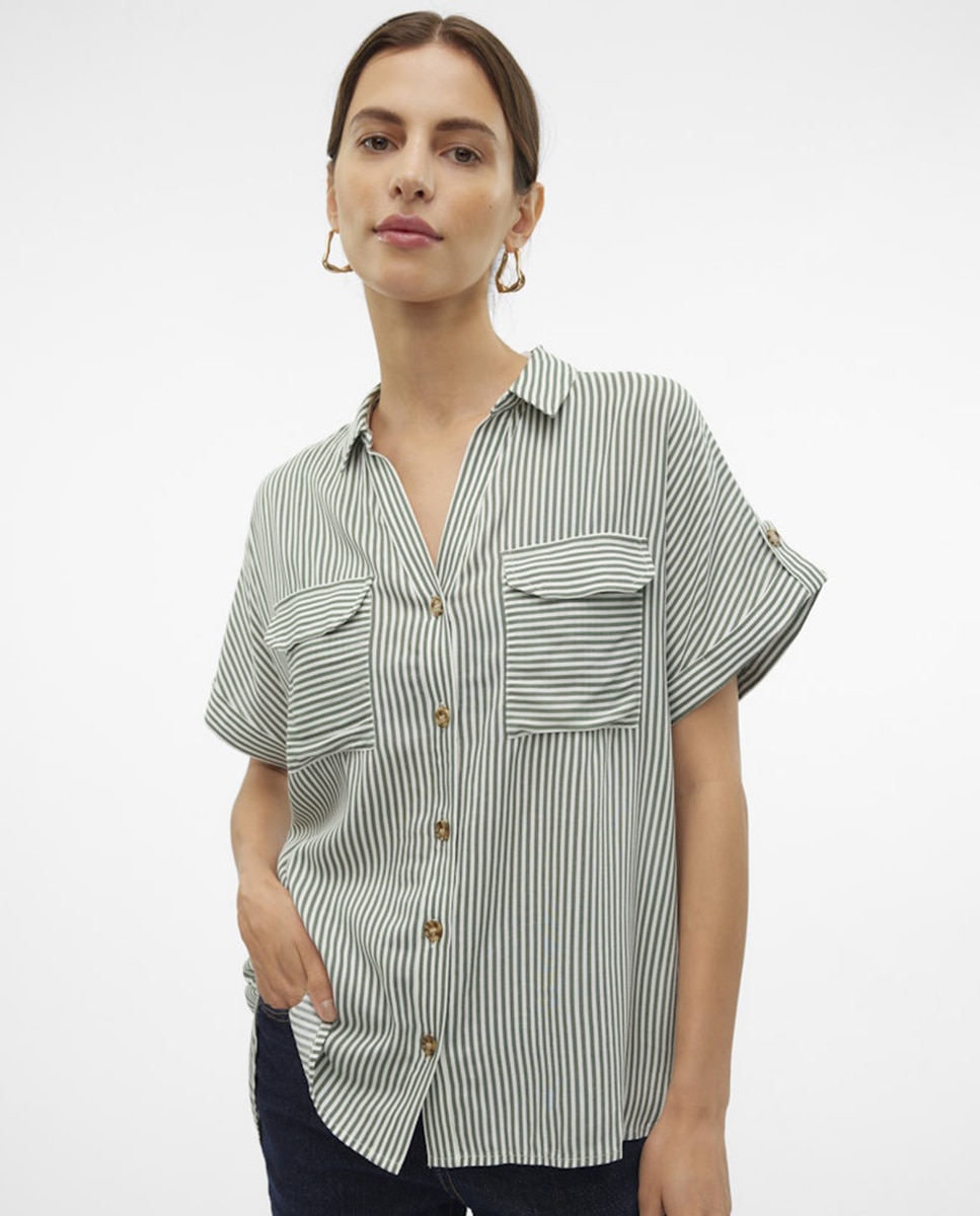 Camisa manga corta de mujer con cuello pico - Vero Moda - Verde Verde-3