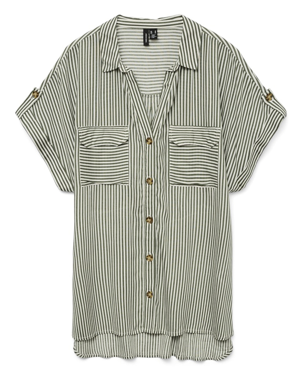Camisa manga corta de mujer con cuello pico - Vero Moda - Verde Verde-5