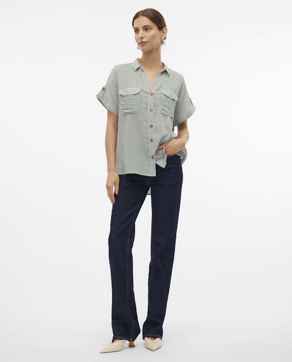 Camisa manga corta de mujer con cuello pico - Vero Moda - Verde Verde-6