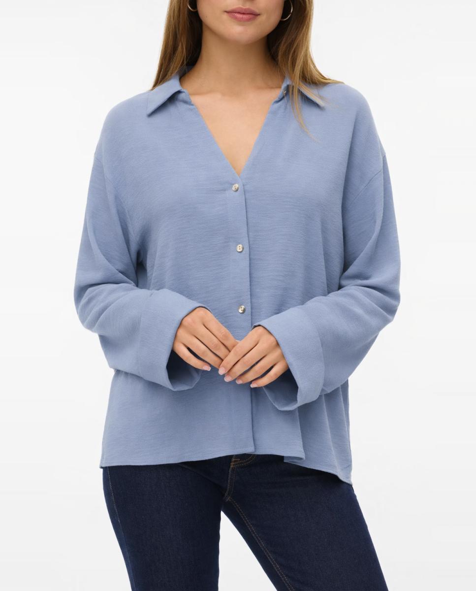 Vero Moda - Camisa con cuello pico de mujer con botones dorados.
