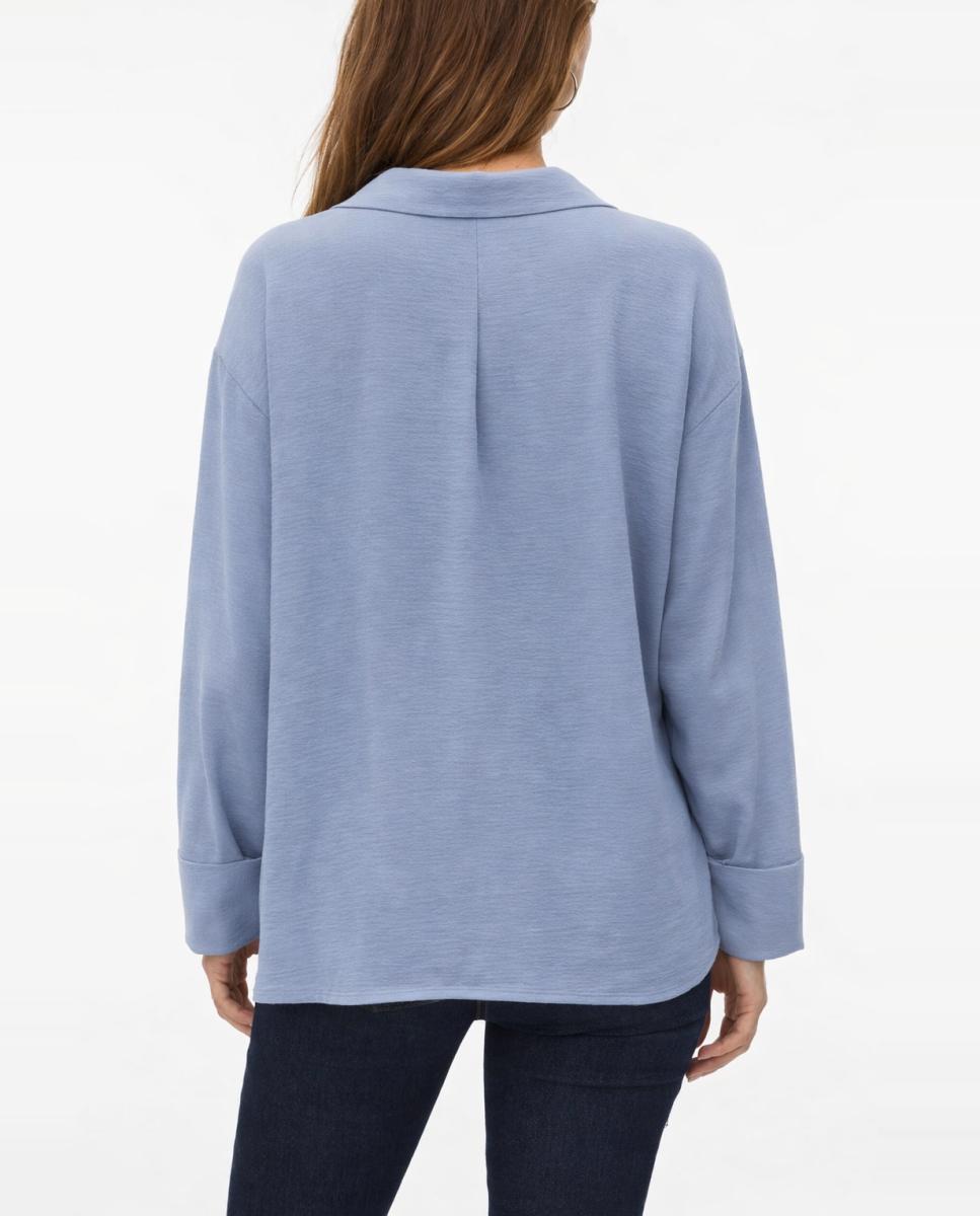 Camisa com Decote em Bico e Botões Dourados Azul-claro-3