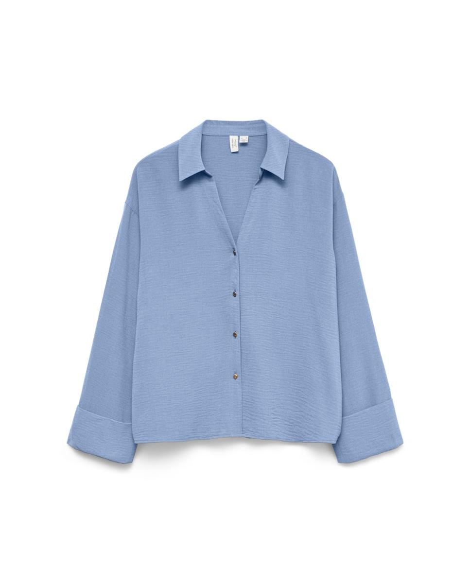 Camisa com Decote em Bico e Botões Dourados Azul-claro-4
