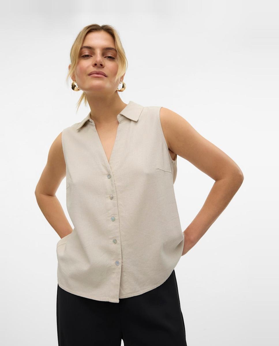 Blusa sem Mangas e com Corte de Camisa Branco-gelo-3