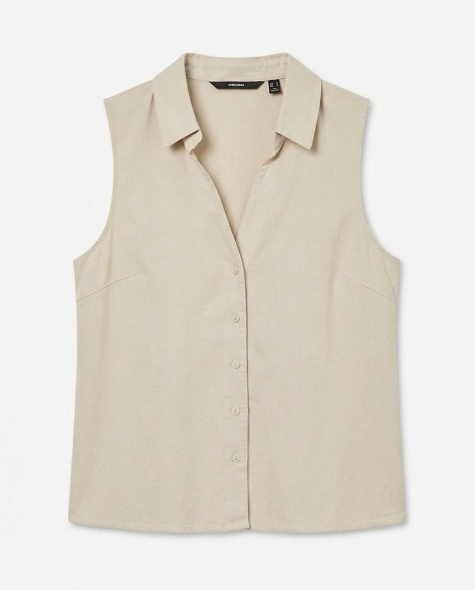 Blusa sem Mangas e com Corte de Camisa Branco-gelo-5