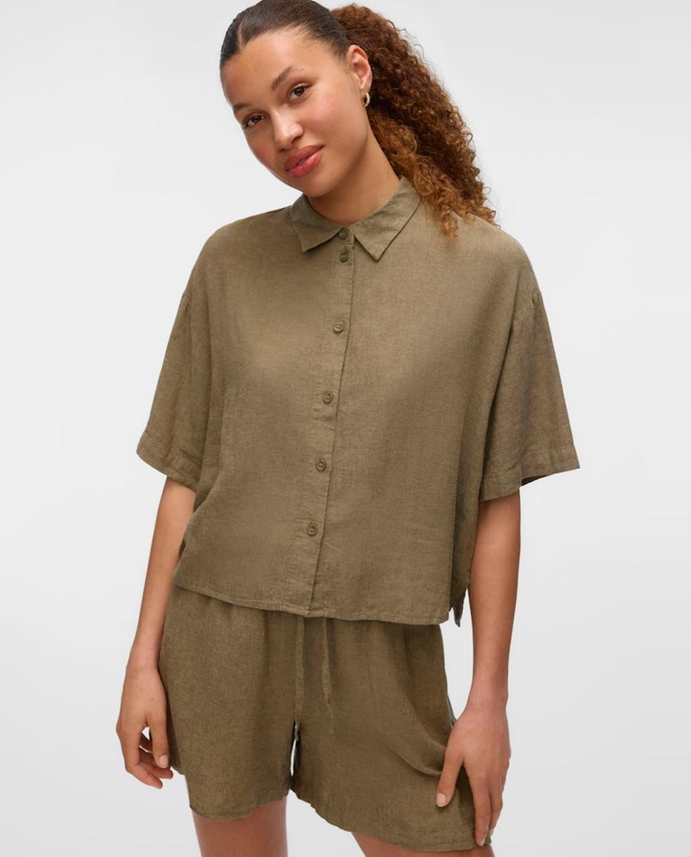Camisa de Manga 2/4 e de Linho Musgo-2