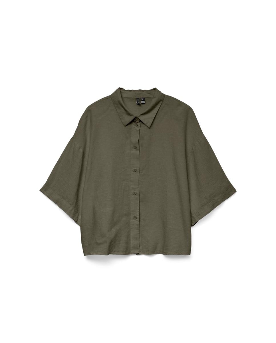 Camisa de Manga 2/4 e de Linho Musgo-5