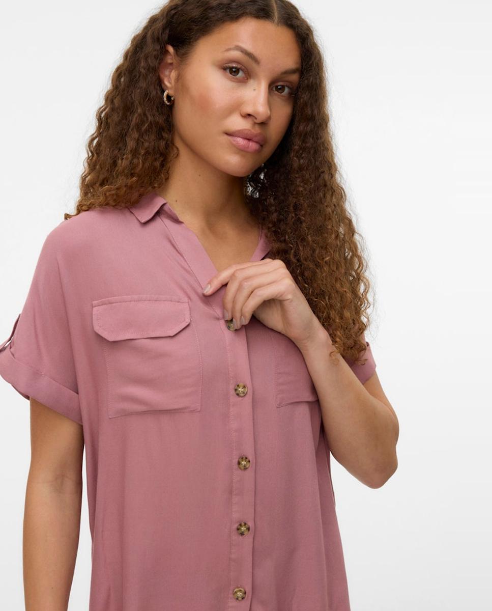 Camisa manga corta de mujer con cuello pico - Vero Moda - Rosa Rosa-1