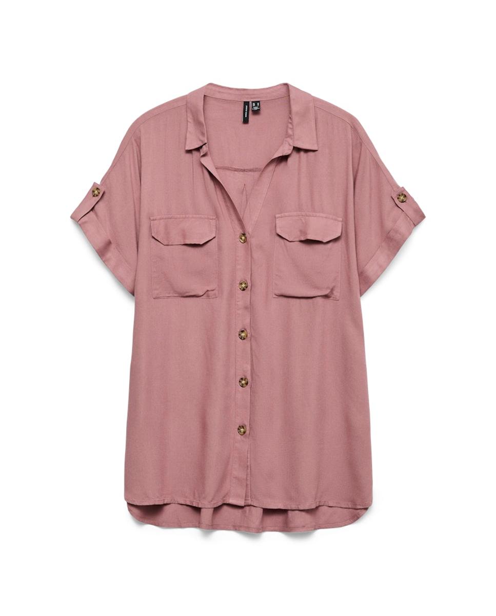 Camisa manga corta de mujer con cuello pico - Vero Moda - Rosa Rosa-4