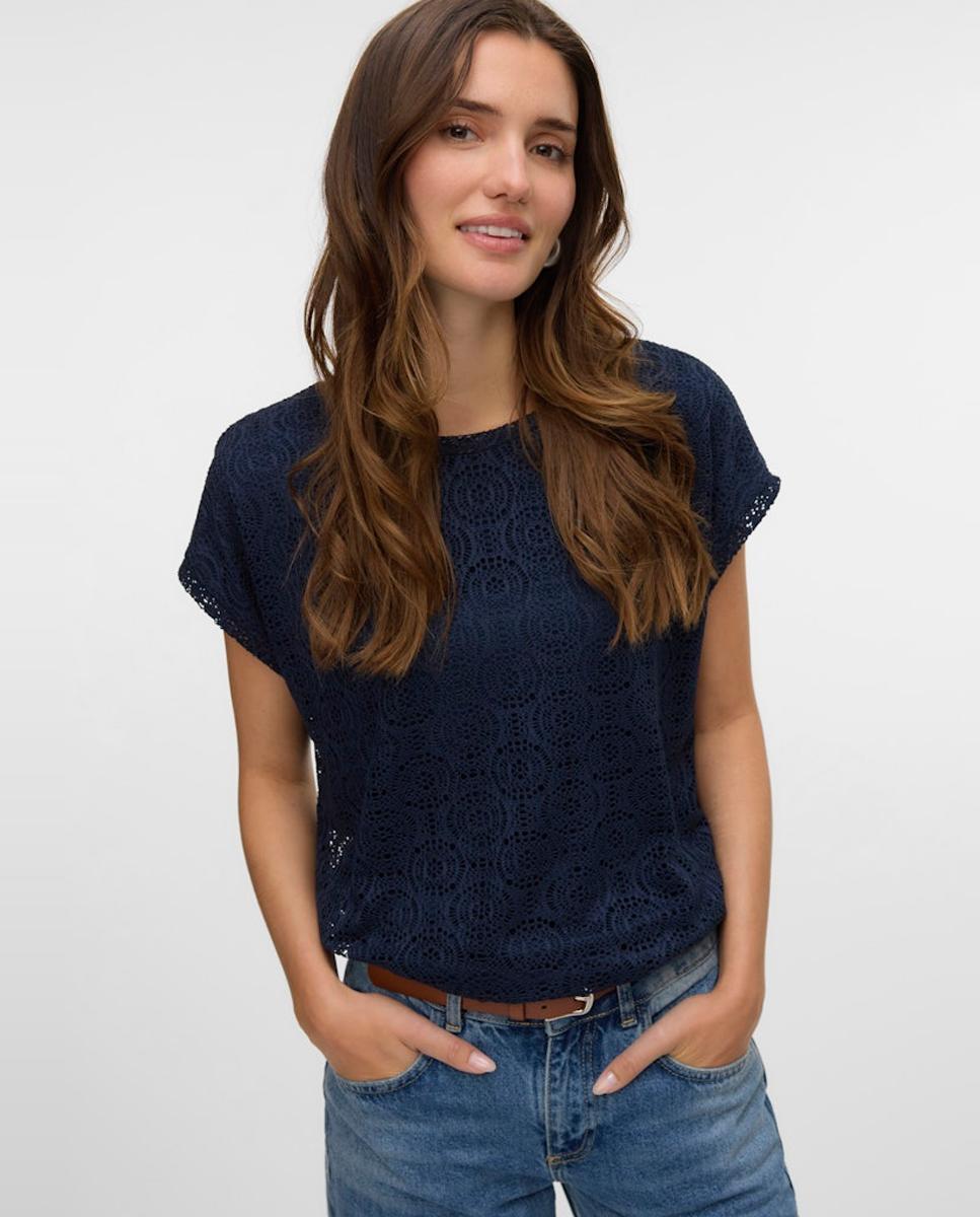 T-shirt com Desenho de Crochet e Manga Curta Azul-marinho-3