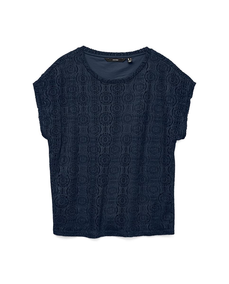 T-shirt com Desenho de Crochet e Manga Curta Azul-marinho-5