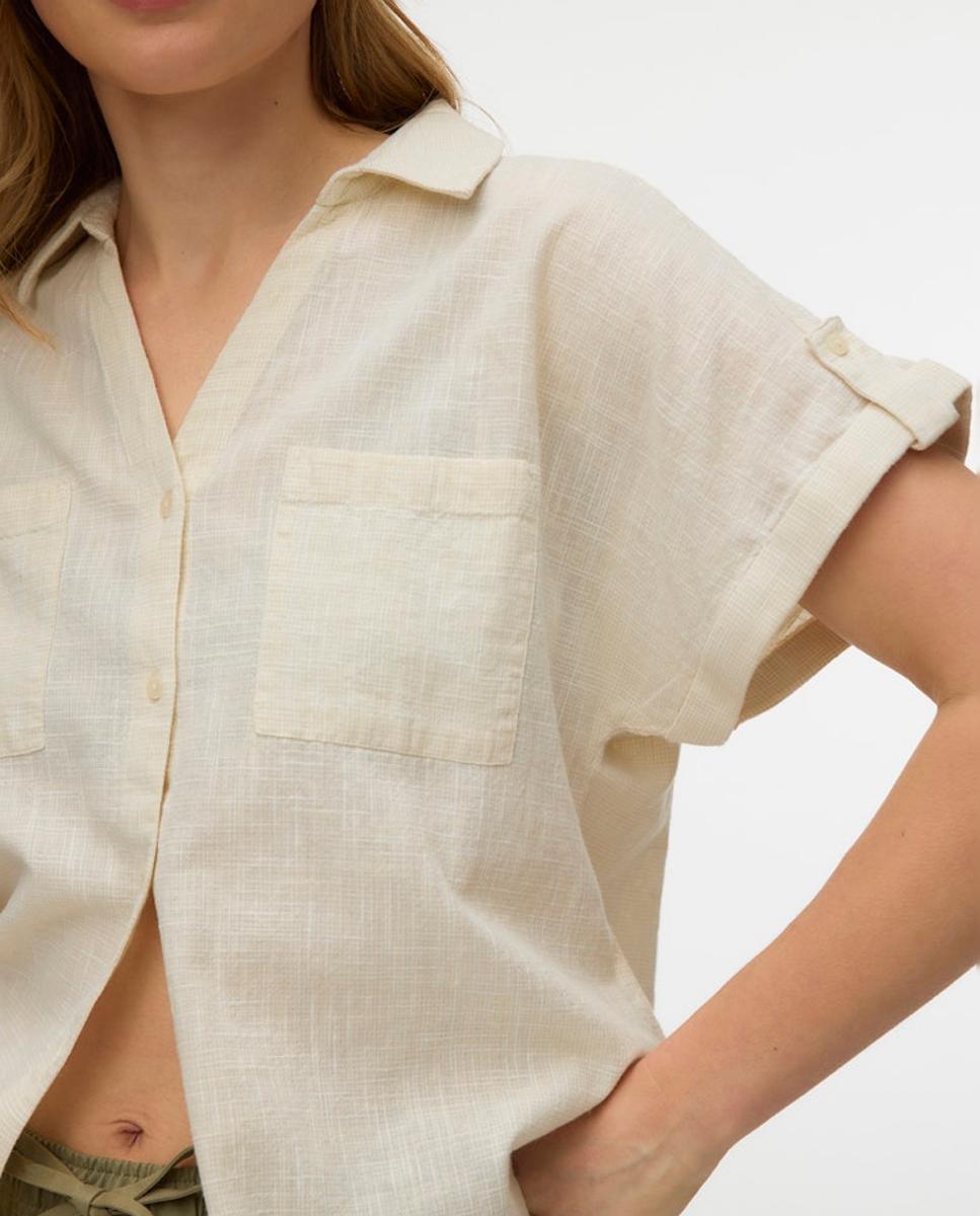 Camisa de Manga Curta com Decote em Bico Branco-gelo-3