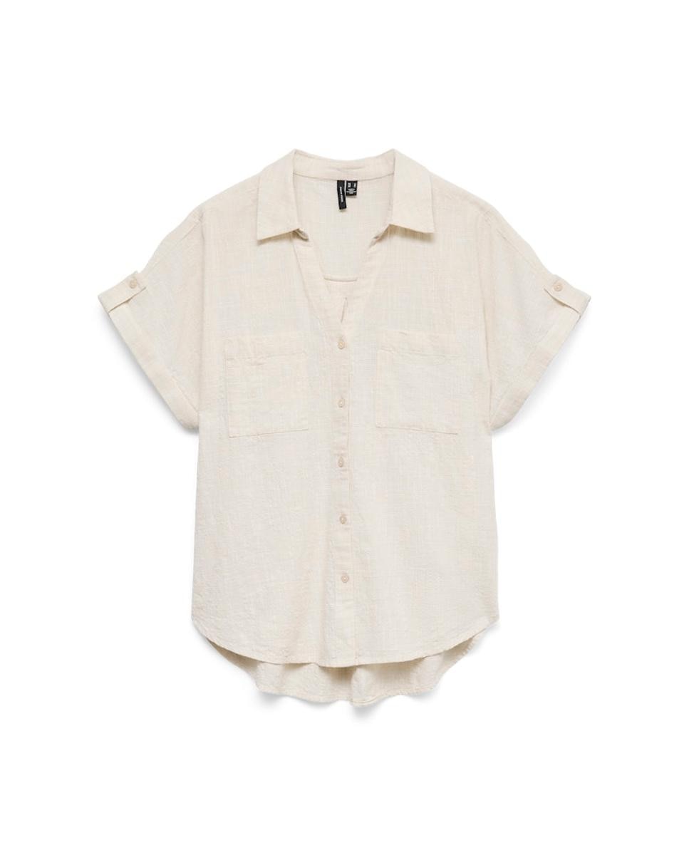 Camisa de Manga Curta com Decote em Bico Branco-gelo-5