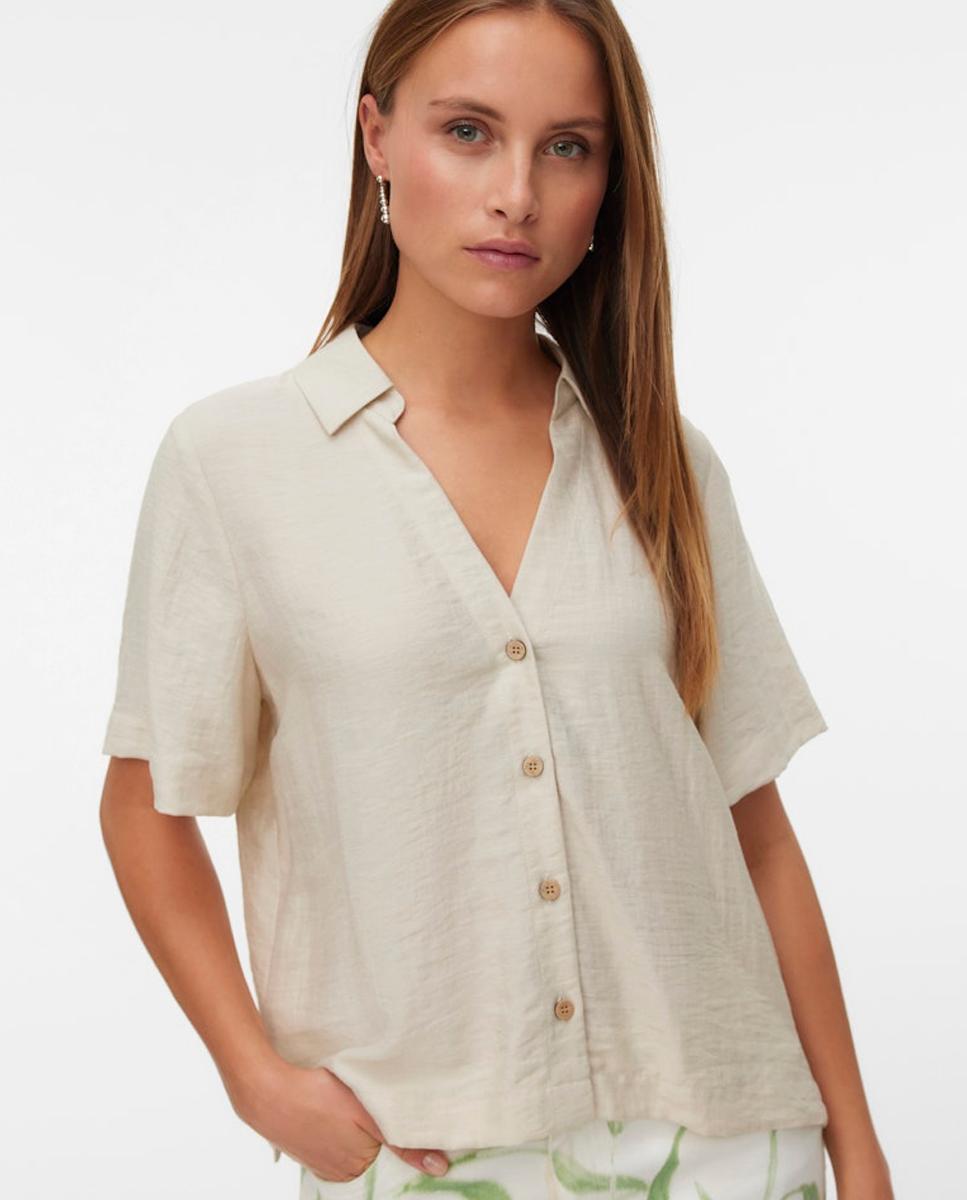 Vero Moda - Camisa de mujer cuello pico con tejido lino.
