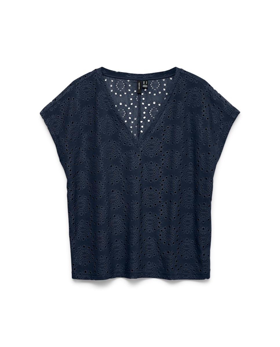 T-shirt com Desenho Perfurado e Decote em Bico Azul-marinho-5