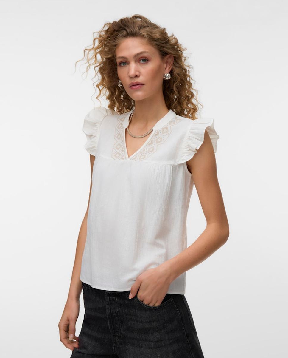 Vero Moda - Blusa de mujer con mangas volante con cuello en pico.