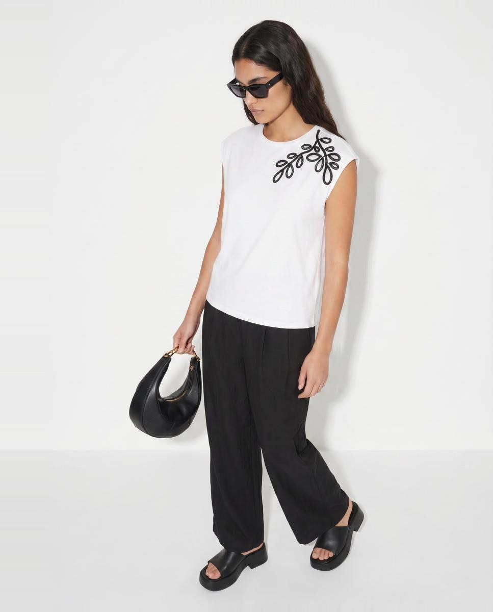T-shirt com Estampado Bordado de Manga à Cava Branco-3