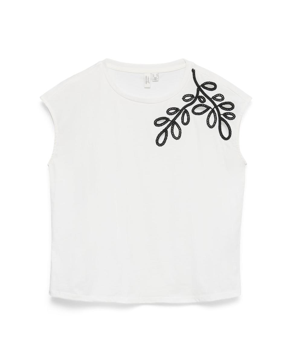 T-shirt com Estampado Bordado de Manga à Cava Branco-6