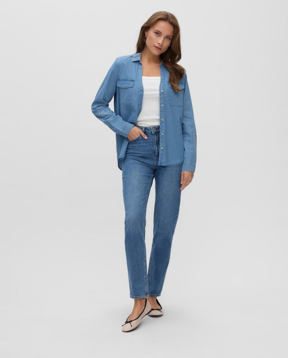 Camisa de Ganga com Decote em Bico Azul-2