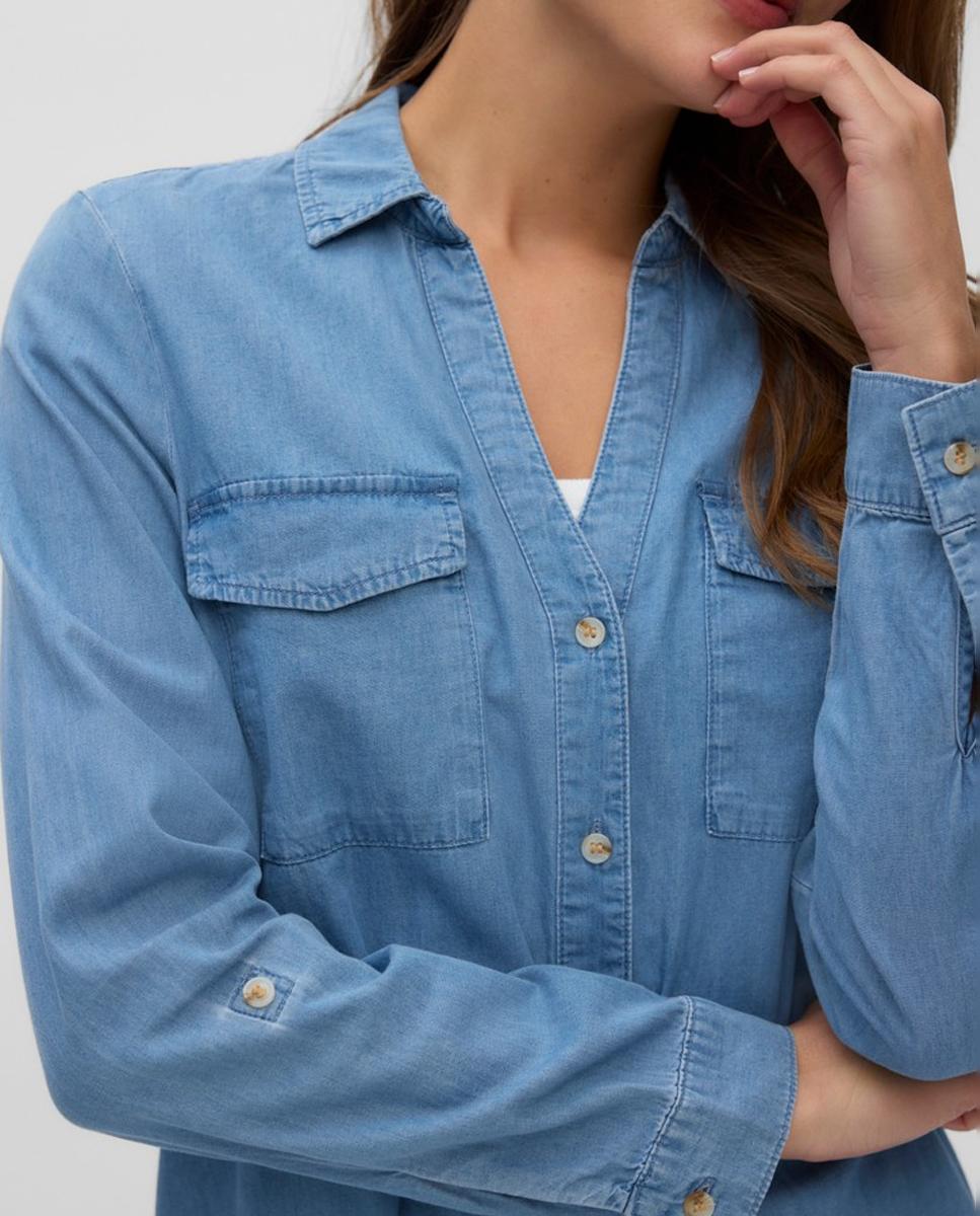 Camisa de Ganga com Decote em Bico Azul-4