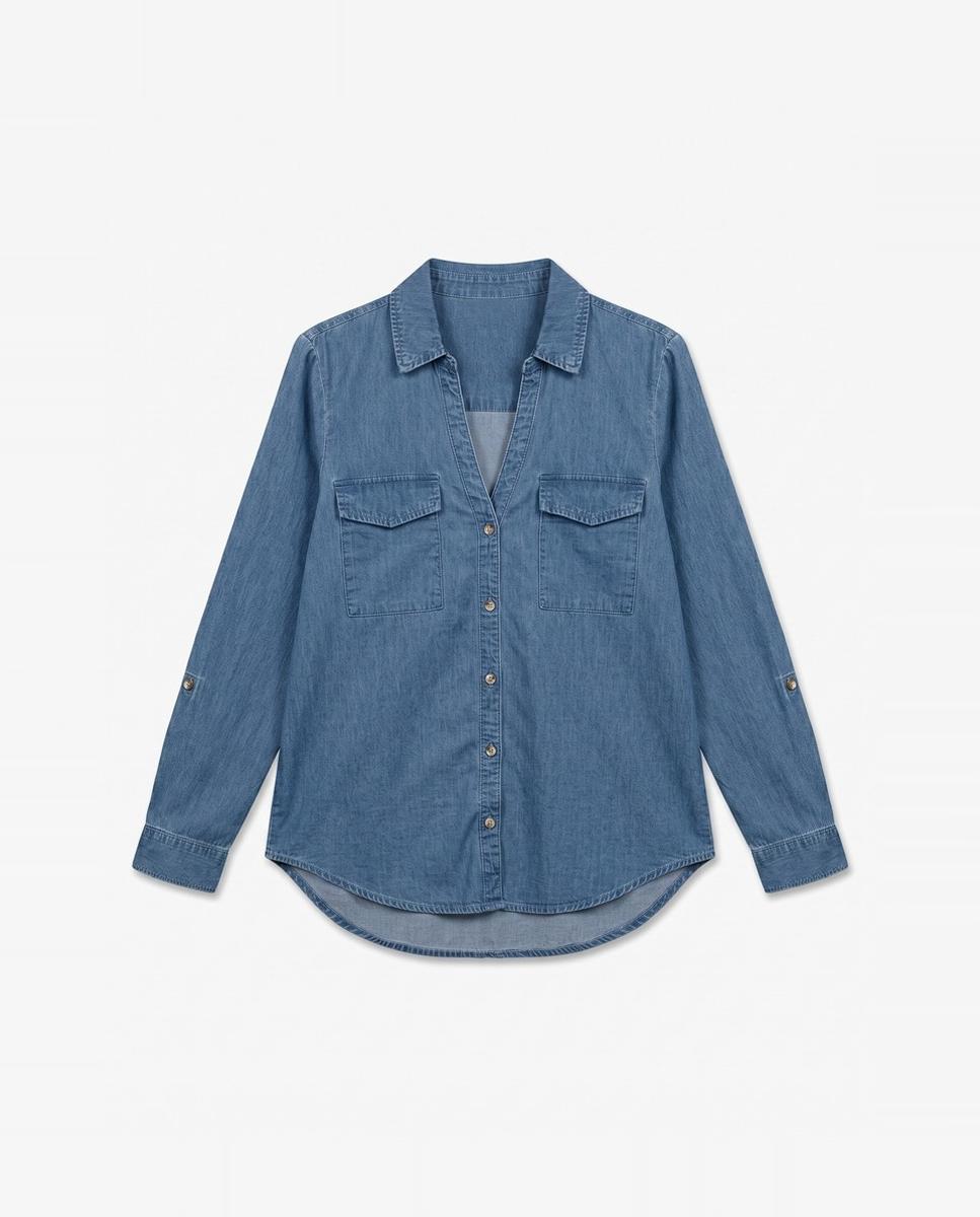 Camisa de Ganga com Decote em Bico Azul-5