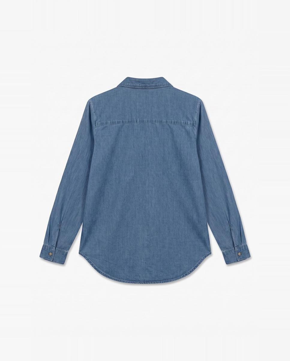 Camisa de Ganga com Decote em Bico Azul-6