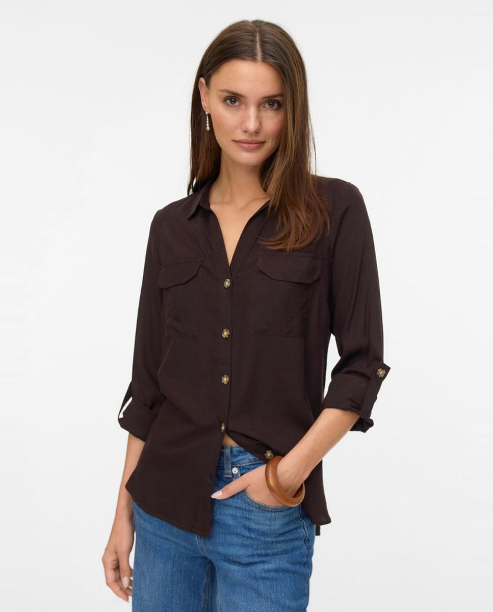 Camisa de mujer de manga larga ajustable con cuello pico - Vero Moda - Marrón oscuro Marrón oscuro-1