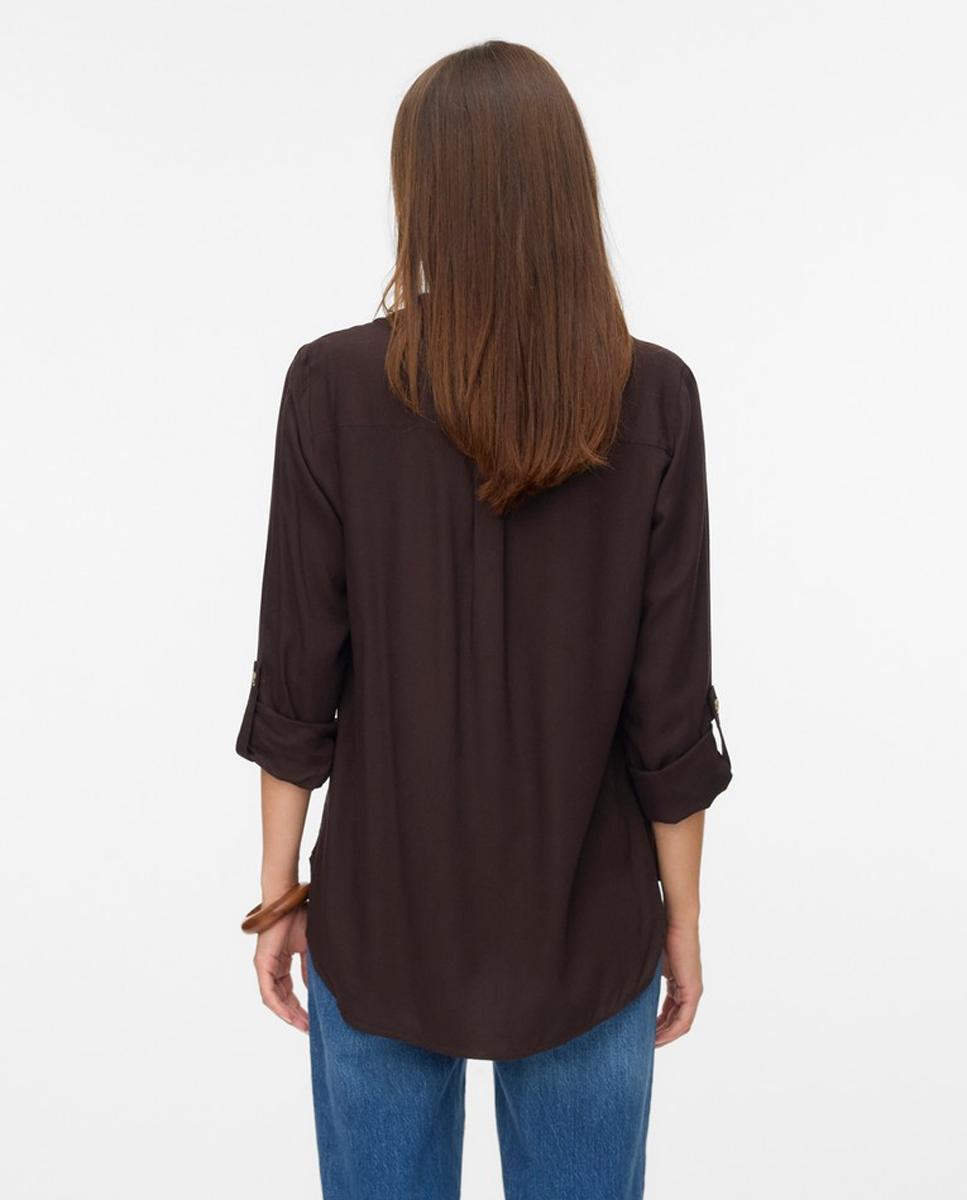 Camisa de mujer de manga larga ajustable con cuello pico - Vero Moda - Marrón oscuro Marrón oscuro-2