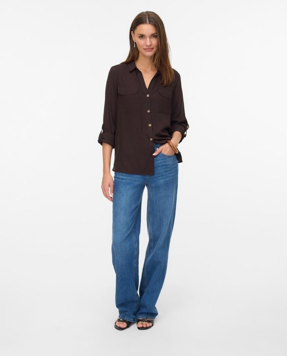 Camisa de mujer de manga larga ajustable con cuello pico - Vero Moda - Marrón oscuro Marrón oscuro-5