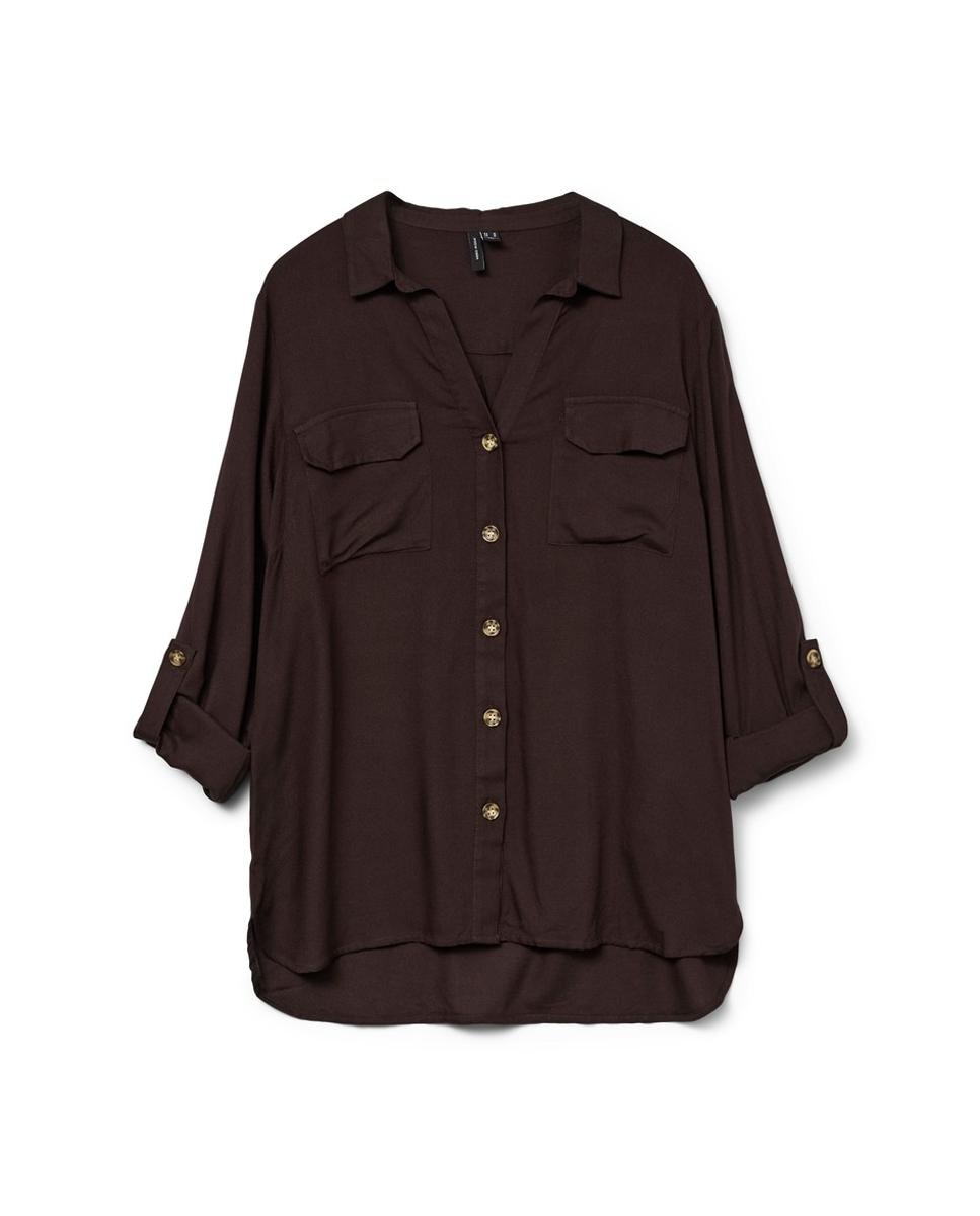 Camisa de mujer de manga larga ajustable con cuello pico - Vero Moda - Marrón oscuro Marrón oscuro-4