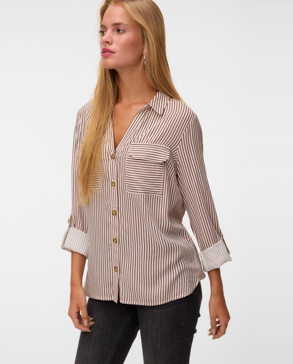 Camisa de mujer de manga larga ajustable con cuello pico - Vero Moda - Marrón claro Marrón claro-1