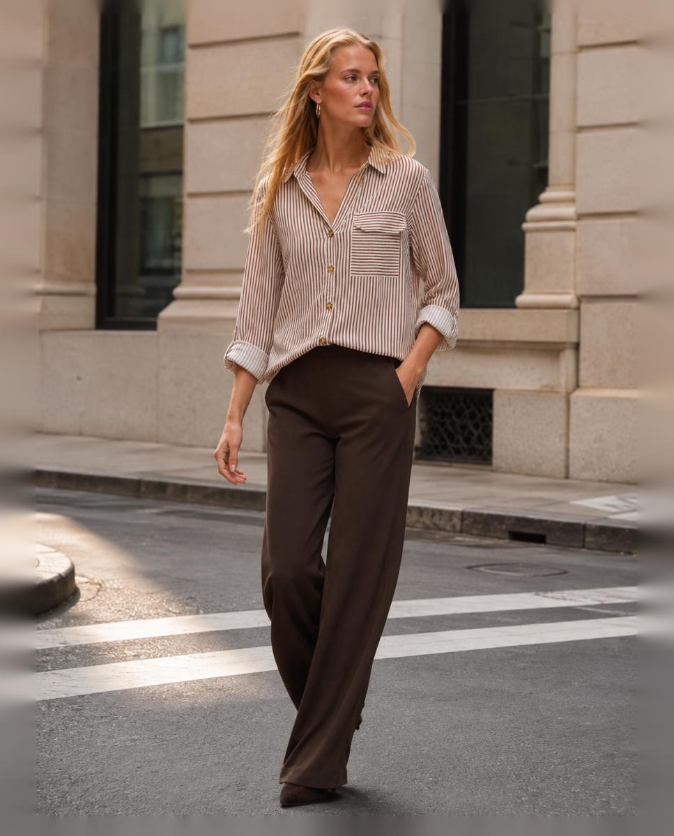 Camisa de mujer de manga larga ajustable con cuello pico - Vero Moda - Marrón claro Marrón claro-4