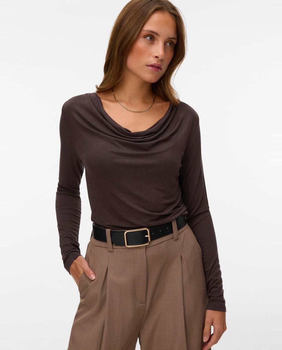 Top drappeado de manga larga de mujer - Vero Moda - Marrón oscuro Marrón oscuro-1