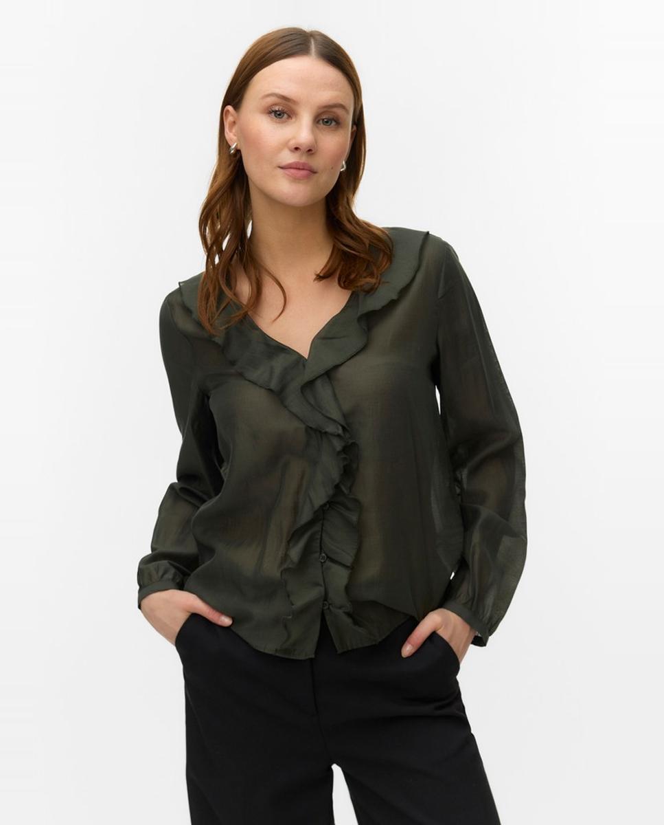 Blusa con volantes cuello pico de mujer - Vero Moda - Verde militar Verde militar-1