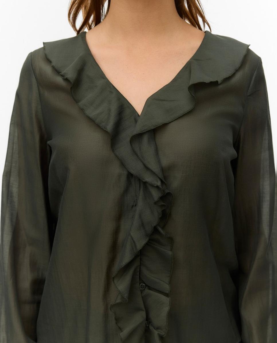 Blusa con volantes cuello pico de mujer - Vero Moda - Verde militar Verde militar-2