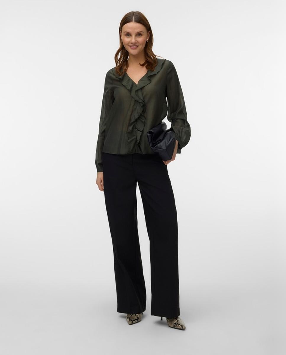 Blusa con volantes cuello pico de mujer - Vero Moda - Verde militar Verde militar-5