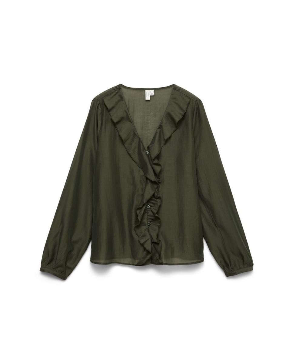 Blusa con volantes cuello pico de mujer - Vero Moda - Verde militar Verde militar-4