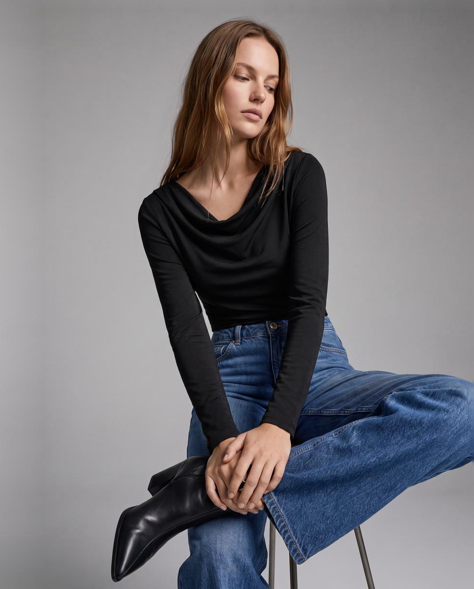 Top con cuello drapeado de manga larga de mujer - Vero Moda - Negro Negro-1