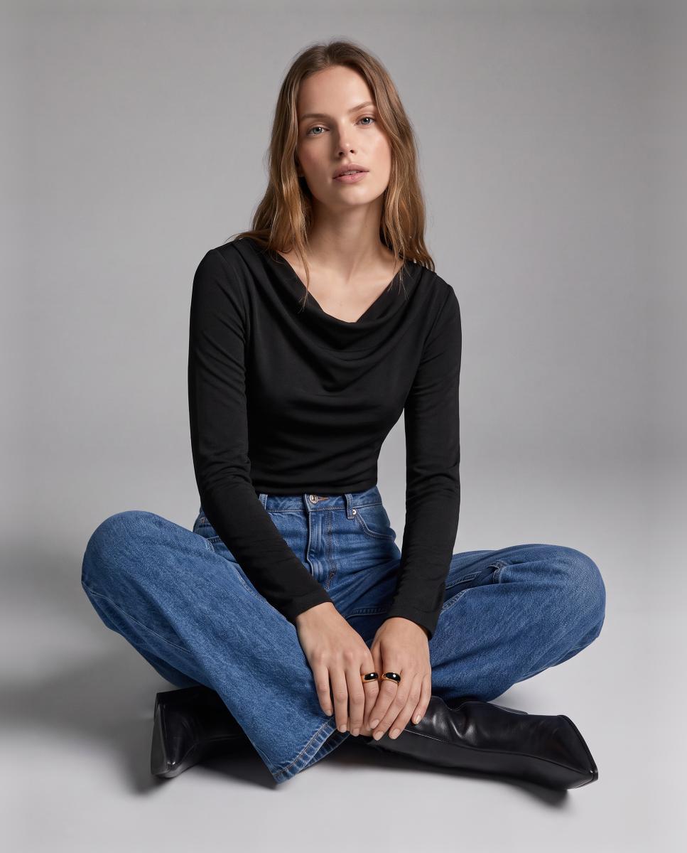 Top con cuello drapeado de manga larga de mujer - Vero Moda - Negro Negro-2